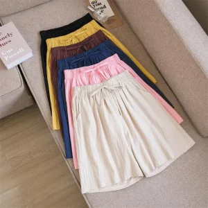 Summer Women Elastic Waist Cotton and Linen Shorts Solid Color Elastic Waist Loose Soft Pants Fashion Female Girls Casual Shorts