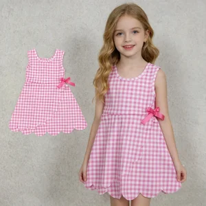 Summer Yoga Girl Dress Plaid Print Athletic Dress Knee Length Scallop Trim Girls Casual Dress