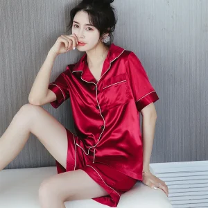 Summer Young Girl Silk Pajamas Women Short Sleeve Casual Home Clothes Sleepwear M0356