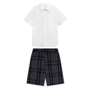 Supplier OEM ODM White Custom Logo Boys Gray Plaid Short Sleeve Shirt Set School Clothing Wear Set for Boy and Girl Classmate
