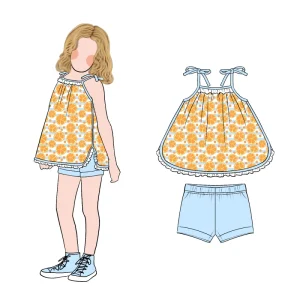 Sweet Adorable Cute Cartoon Print Casual Wear Girls Bow Strap Top with Solid Shorts Set