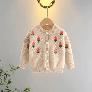 Sweet Autumn Girl Kids Coats New Flower Embroidery Children’s Sweater Coat Fashion Sweater for Teenage Girls