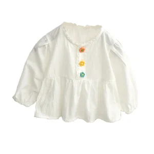 Sweet Casual Girls Blouse with Long Sleeves and Ruffles New Spring Baby Doll Cotton Shirt for Girls