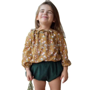 Sweet Cute Kids Flower Printed Top Summer Long Sleeve Smocked Soft Blouse for Girls