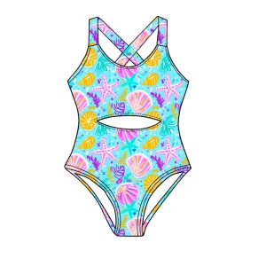 Sweet Girls One Piece Swimsuit Cute Starfish Shell Pattern Cross Back Hollow Out Swimwear for Kids
