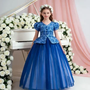 Sweet Girls Summer Flower Girl Dress Fashion Satin Mesh Tulle Gown for Kids Party Multi Color