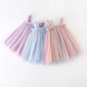 Sweet Girls Summer Flying Sleeve Bow Sequin Dress 2-6Y Kids Birthday Party Pink Fluffy A-line Princess Dress for Cute Baby Girl