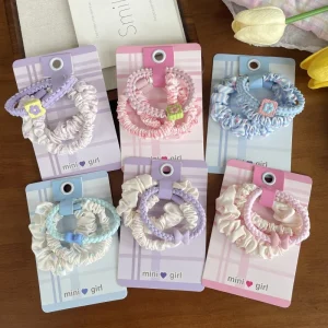 Sweet Kids Heart Pink Purple Fabric Elastic Hair Ring Set for School Festivals