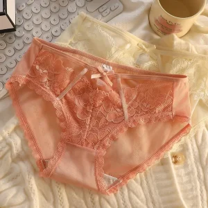 Sweet Lace Girls’ Bikini Underwear Ultra Thin Knitted Breathable Mesh Floral Pattern Low Rise Sexy Nylon Underwear