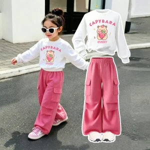 Sweet Little Girls Clothing Set Kids Cartoon Print Sweatshirt and Pink Multi pocket Cargo Pants Outdoor Outfit Factory Direct