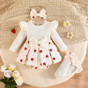 Sweet Lovely Baby Girl 3 Piece Set Spring Fashion Cotton Breathable Coat with Button Closure Scarf Bow Socks Strawberry Print