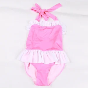 Sweet Pink Teen Bikini Neck Ruffle Trim Girls Swimsuit Toddler Baby Bow Knot Sleeveless One-Piece Swimwear