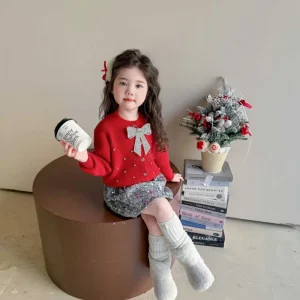Sweet Solid Color Korean Version Sweater Set for Girls Fashionable Baby Girl Rhinestone Knitted Cardigan Clothing