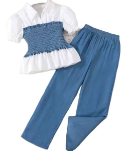 Sweet Stylish Fashion Children Formal Solid Clothing Set for Big Girls T Shirt Loose Pants Polyester Cotton Autumn Summer