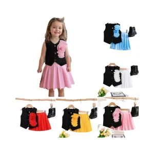 Sweet Summer Autumn 3 4 Years Kids Girls Clothing Set Woolen Solid Flower Sleeveless Top Pleated Skirt Two Piece