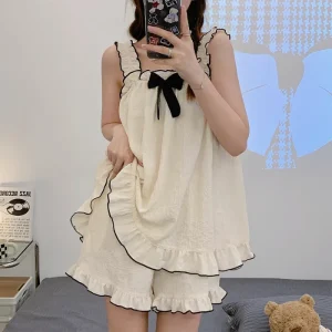 Sweet Summer Women’s Pajamas Set Loose Solid Bowknot Women Clothes 2 Piece Cute Girl Sleepwear Suit