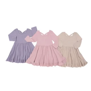 Sweet Winter Long Sleeve Dress for Girls Kids Clothes with Ruffle Bow O-Neck and Plain Color Girl’s Little Clothing