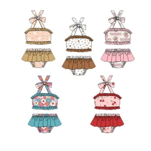 Swimwear Tie up Ruffle Baby Girls Swimsuit Bikini Top and Shorts Two Piece Set Kids Clothes Custom Patterns Swimsuit