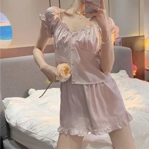 Teen Girls Sexy Sleepwear See Through Night Lace V-neck Mesh Half Sleeve Pajamas Elegant Home Lounge Wear