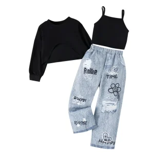 Teenage Girl’s Casual Autumn Clothing Set Solid Black Tank Top Long Sleeve Irregular T Shirt Printed Cowboy Pants Breathable Set