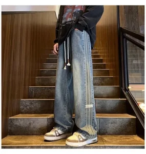 Teenager Boys Elastic Waist Loose Straight Wide Leg Pants High Street Casual Long Jeans