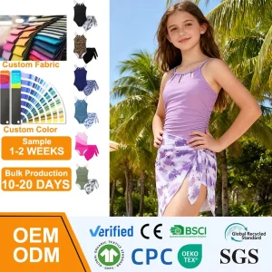 Teenager Girl Swimsuit One-Piece Bathing Suit Mesh Cover up 2 Pieces Set Kids Beach Wear Swimwear + Wrap Skirt Size 6-16Y Custom