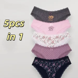 Teenager Girls 5 pack Essentials Lace Printed Womens Cotton High Leg Brief Underwear (Available in Plus Size) Breathable