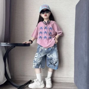 Teenager Girls Clothing Set Summer Girl Pink Casual Shirt with Blue Bows Print + Tie Dyed Denim Shorts 2 Pcs Suit