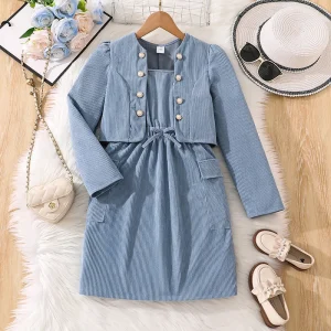 Teenager Girls Spring Pure Color 2pcs Clothing Sets Big Girl Long Sleeve Cardigan Dress Clothes Set