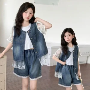 Teenagers Kids Suits Summer Top and Shorts 2 Piece Denim Lace Girl’s Clothes Clothing Set