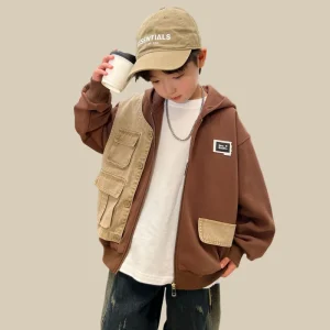 Teens Clothing New Casual Sports Top for 7-12 Yr Boys Autumn Fashion Denim Patchwork Design Zipper Closure Hooded Coat for Boys