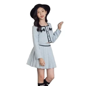 Teen’s Clothing Set 8 14 Yr Girls Two piece Set of Outerwear Short Skirt in Spring Autumn British Style Bow Dress