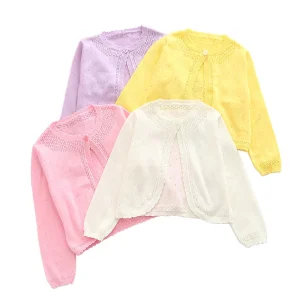 Thin Sunscreen Solid Color Kids Cotton Knitted Cardigan Plain Cute Sweater Sleeve Shrug Girls
