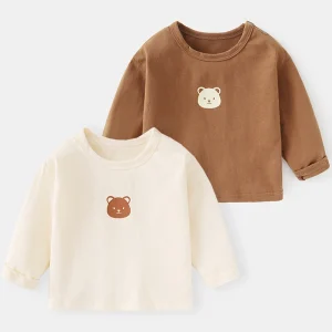 Toddler Baby Boys Girls Cute Bear Print Long Sleeve Crew Neck Tee Soft Lightweight Breathable Spring Fall Basic Top