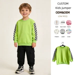 Toddler Baby Boys and Girls Crewneck Pullover Jumper Checkered Sleeve French Terry Sweatshirt for Children