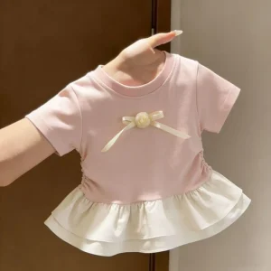 Toddler Baby Girl Pink Short Sleeve T Shirt Sweet Bow Rose Ruffle Hem Peplum Top Casual Summer Blouse for Kids