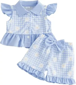 Toddler Baby Girl Summer Outfit 2pcs Flutter Sleeve Shirt and Shorts Set