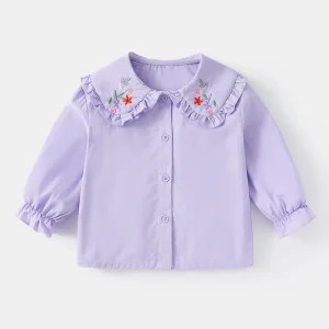 Toddler Baby Girls Blouse Cute Cartoon Embroidery Doll Collar Ruffle Cuff Spring Fall Casual Soft Cotton Shirt