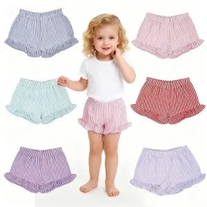 Toddler Baby Girls Seersucker Ruffle Shorts Striped Summer Beach Shorts 6 Colors Elastic Waist Casual Kids Girls Bottoms