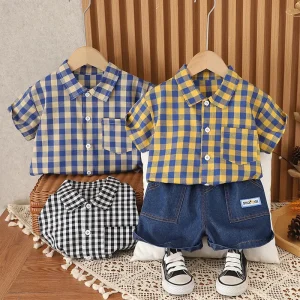 Toddler Boys’ Autumn Summer Korean style Checkered Cotton Short Sleeve Two piece Shirt Set