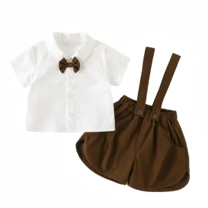 Toddler Boys Gentleman Clothing Set Cotton British Style White Shirt Suspender Shorts Summer Outfits Birthday Gown