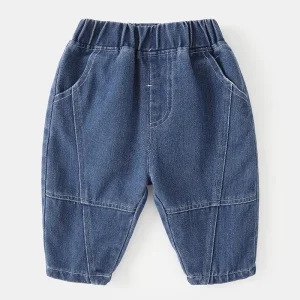 Toddler Boys Jeans Soft Cotton Kids Denim Trousers with Stitching Details Infant Baby Elastic Waist Patchwork Pants