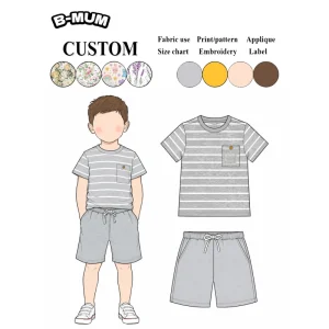 Toddler Boys Striped Cotton Outfit 2-6 Years Kids Short Sleeve T Shirt and Shorts Set With Chest Pocket Elastic Waist