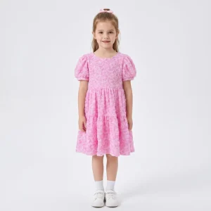 Toddler Girl Dresses Pink 3D Rosette Floral Puff Sleeve Tiered Kids Party Dress Princess Birthday Designer Clothing Textured