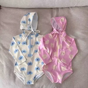 Toddler Girl One Piece Cloud Flower Patterns Long Sleeves Baby Swimsuit