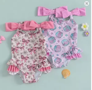 Toddler Girl Rash Guard Swimsuit Floral Bowknot Print Tie up ODM Baby Swimwear Quick Dry & Eco Friendly Beach Holiday Swimwear