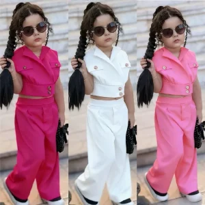 Toddler Girls 2 Piece Outfit Lapel Crop Top High Waist Wide Leg Pants Kids Fashion Casual Suit