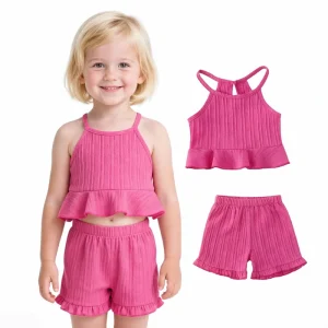 Toddler Girls 2 Piece Sleeveless Ribbed Polyester Casual Solid Summer Breathable Tank Top & Shorts Set