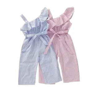 Toddler Girls Baby Blue White Ruffle Romper Capris Overalls Kids Spring Summer Blue Pink Striped Seersucker Jumpsuit