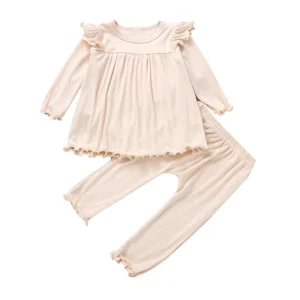 Toddler Girls Casual Clothes Set Solid Color Ruffle Fly Long Sleeve Pullover + Elastic Waist Pants 2PCS Tracksuit